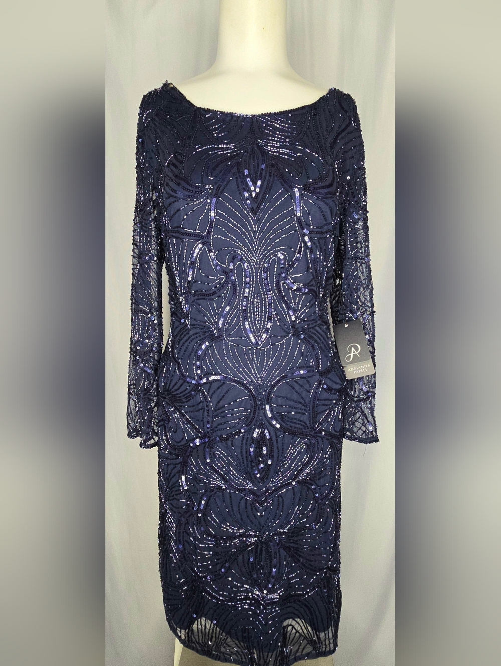 Adrianna Papell Navy‎ Blue Art Deco Glass Beaded Wedding Guest Dress/MOB 10 NWT